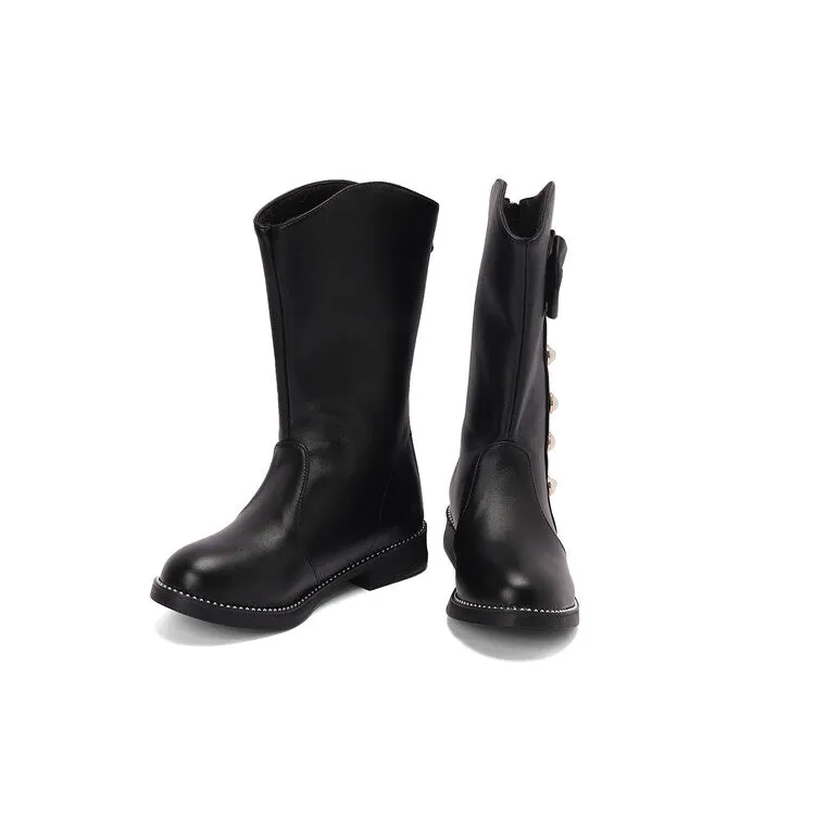 Women's Bows Round Toe Block Heel Platform Mid Calf Boots