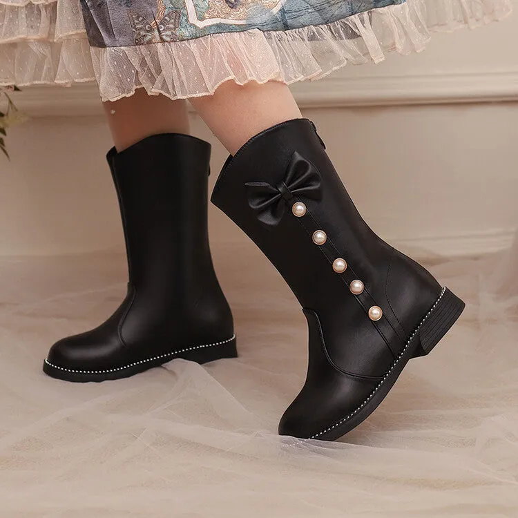 Women's Bows Round Toe Block Heel Platform Mid Calf Boots