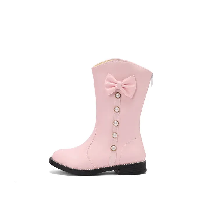 Women's Bows Round Toe Block Heel Platform Mid Calf Boots