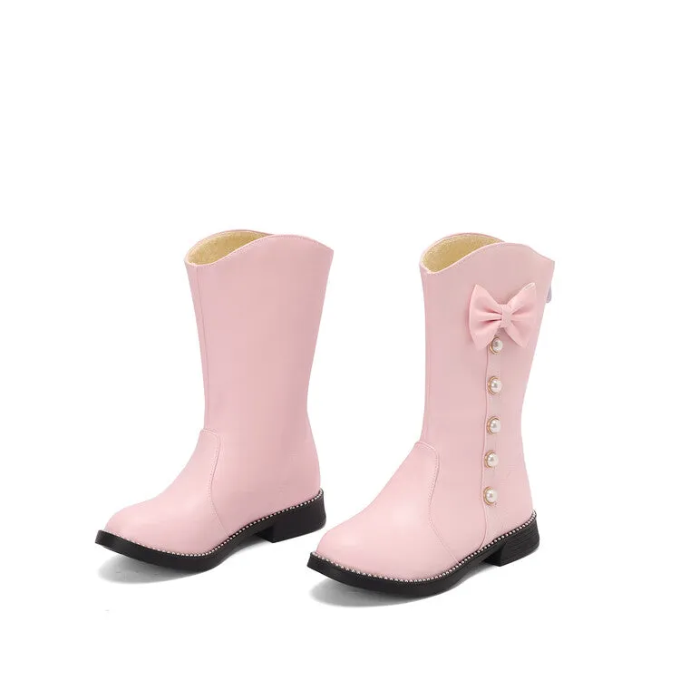 Women's Bows Round Toe Block Heel Platform Mid Calf Boots