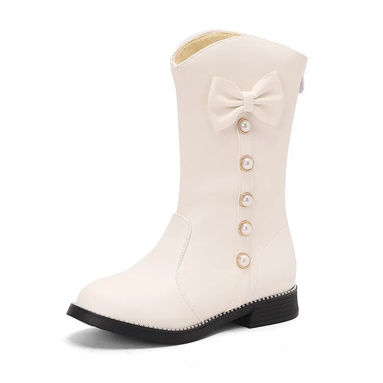 Women's Bows Round Toe Block Heel Platform Mid Calf Boots