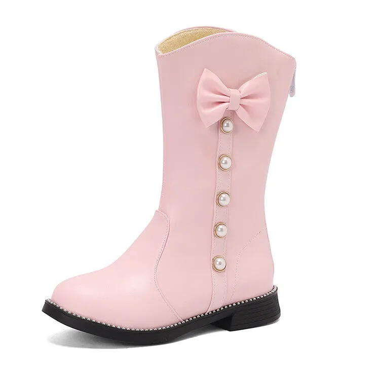 Women's Bows Round Toe Block Heel Platform Mid Calf Boots