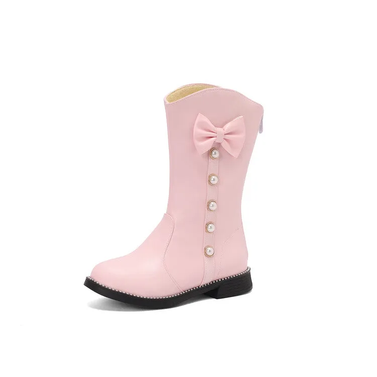 Women's Bows Round Toe Block Heel Platform Mid Calf Boots