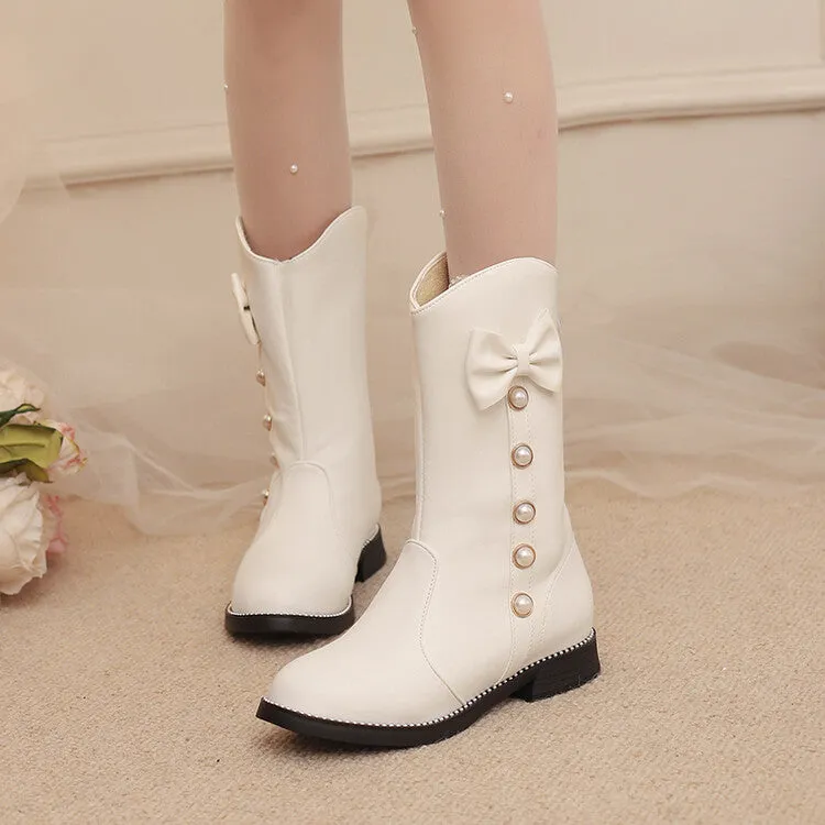 Women's Bows Round Toe Block Heel Platform Mid Calf Boots