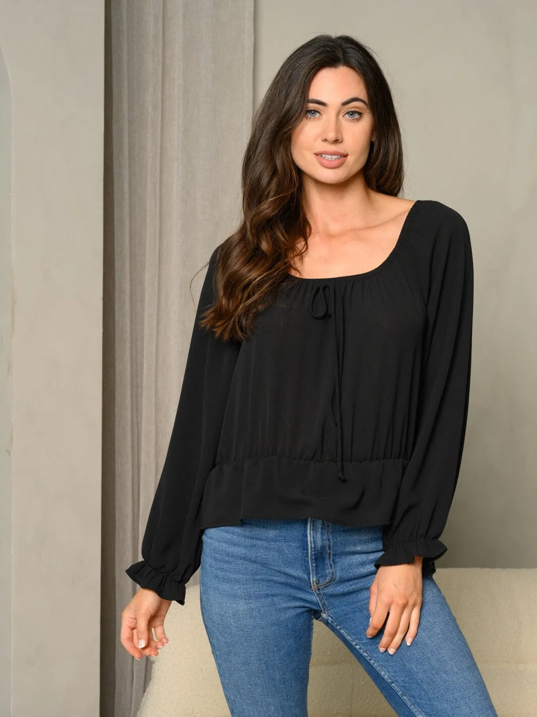 WOMEN'S BUBBLE LONG SLEEVE RUFFLE FLARE SOLID WOVEN TOP