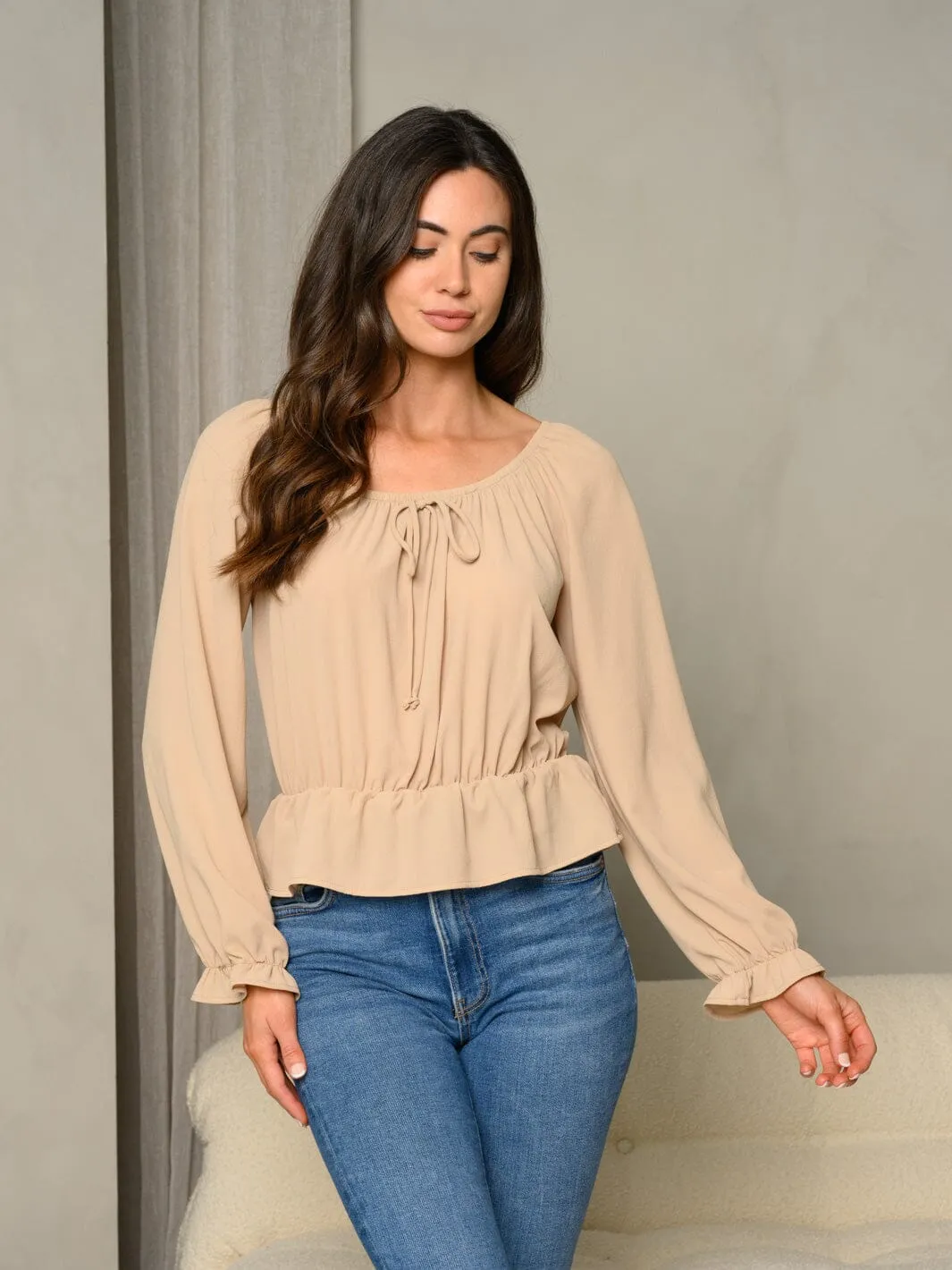 WOMEN'S BUBBLE LONG SLEEVE RUFFLE FLARE SOLID WOVEN TOP