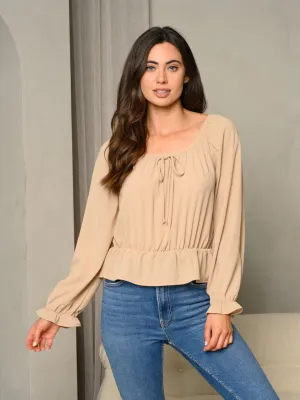 WOMEN'S BUBBLE LONG SLEEVE RUFFLE FLARE SOLID WOVEN TOP