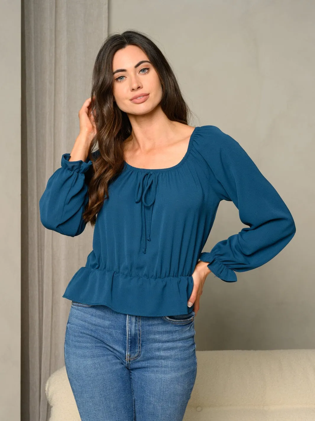 WOMEN'S BUBBLE LONG SLEEVE RUFFLE FLARE SOLID WOVEN TOP