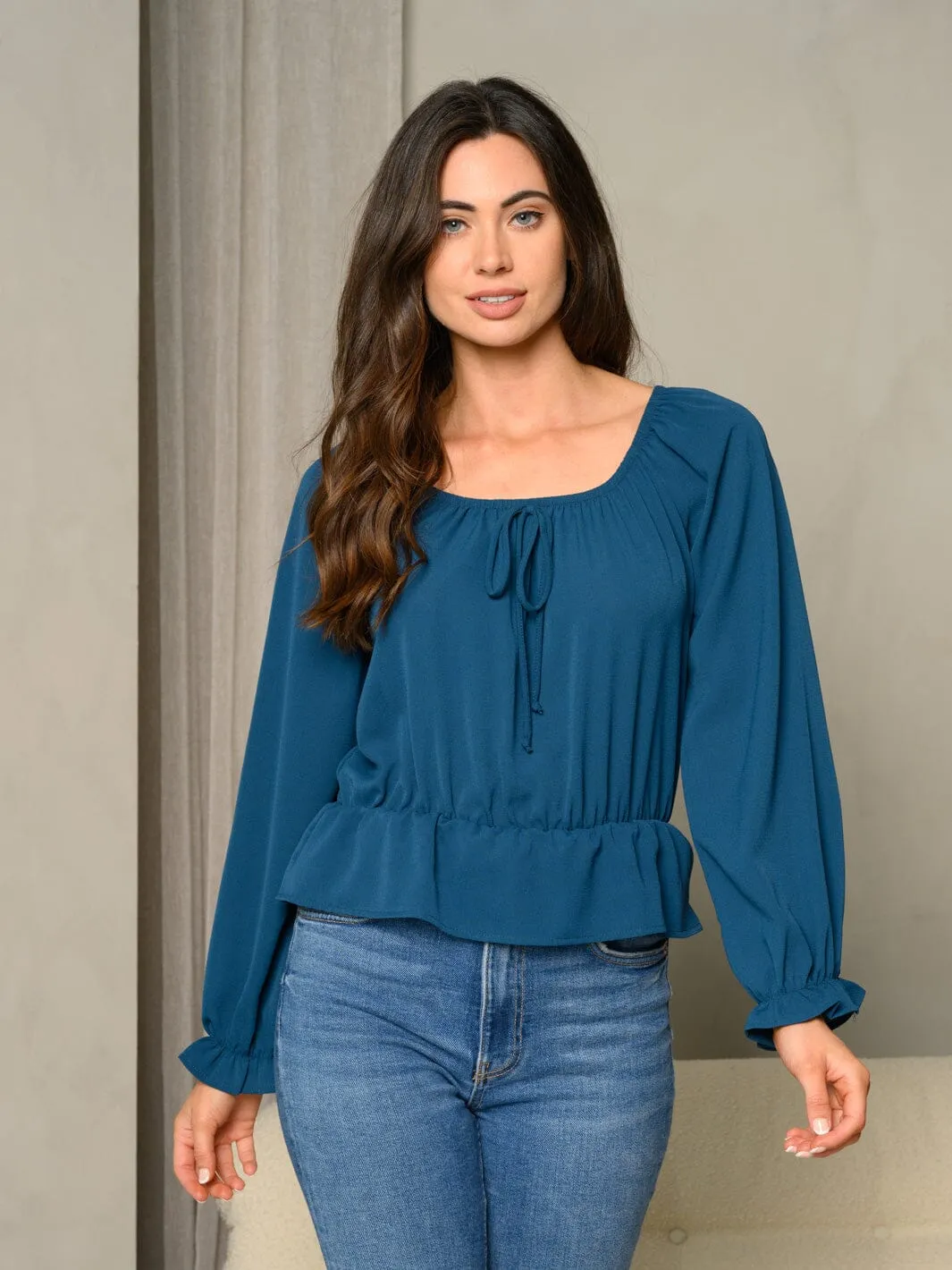 WOMEN'S BUBBLE LONG SLEEVE RUFFLE FLARE SOLID WOVEN TOP