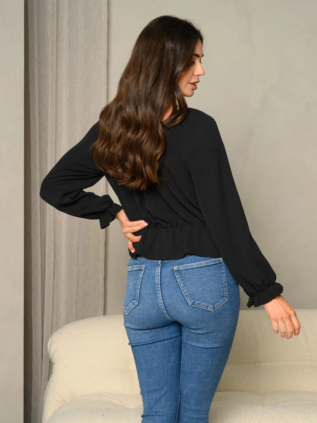 WOMEN'S BUBBLE LONG SLEEVE RUFFLE FLARE SOLID WOVEN TOP