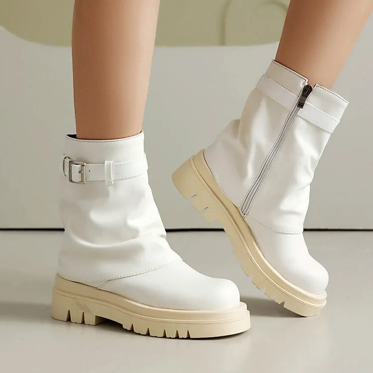 Women's Buckle Strap Round Toe Flat Mid Calf Platform Boots