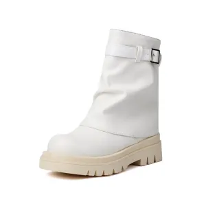Women's Buckle Strap Round Toe Flat Mid Calf Platform Boots