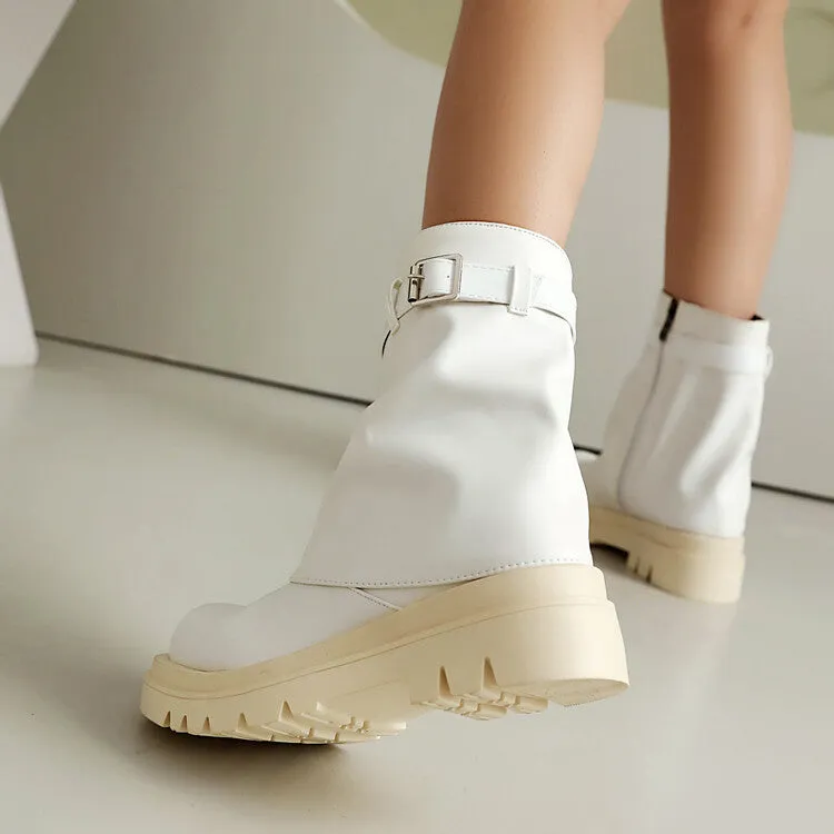Women's Buckle Strap Round Toe Flat Mid Calf Platform Boots