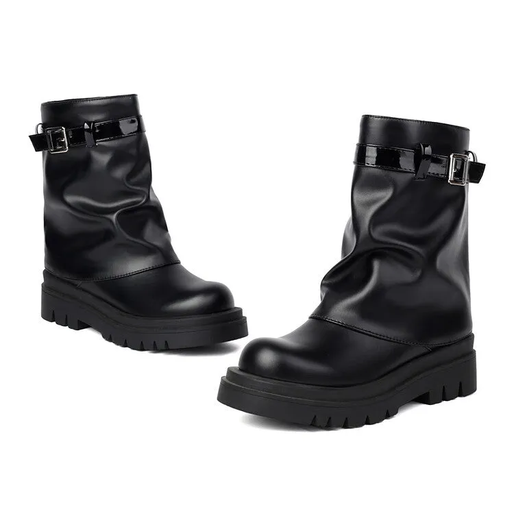 Women's Buckle Strap Round Toe Flat Mid Calf Platform Boots
