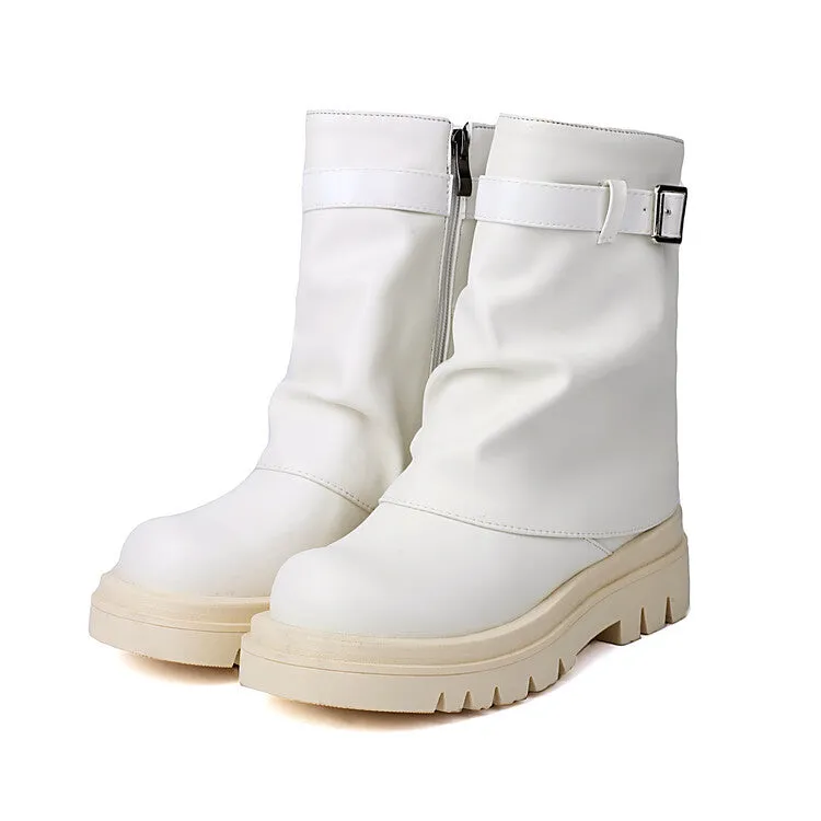 Women's Buckle Strap Round Toe Flat Mid Calf Platform Boots