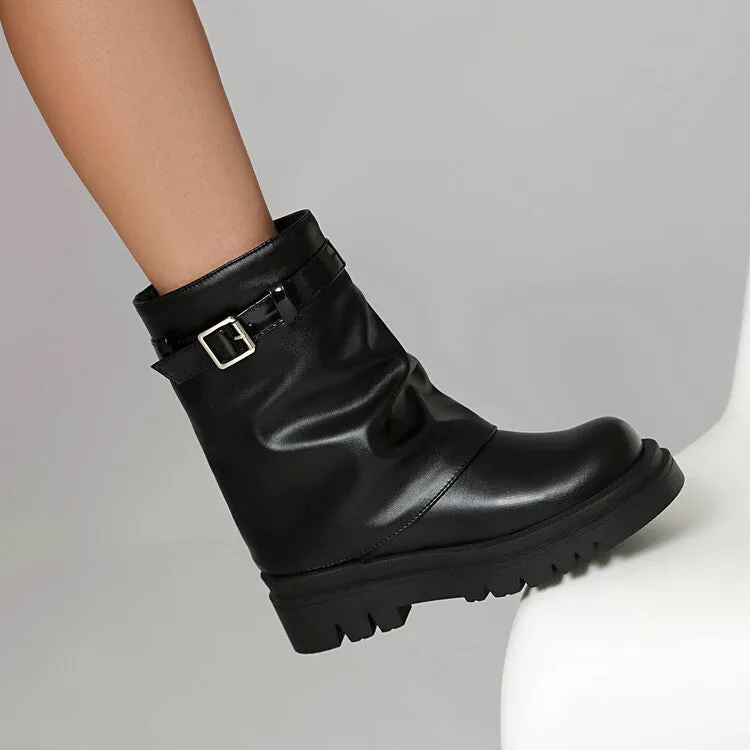 Women's Buckle Strap Round Toe Flat Mid Calf Platform Boots
