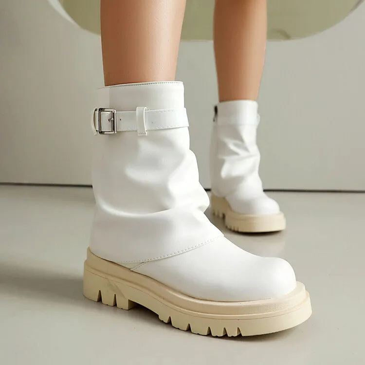 Women's Buckle Strap Round Toe Flat Mid Calf Platform Boots