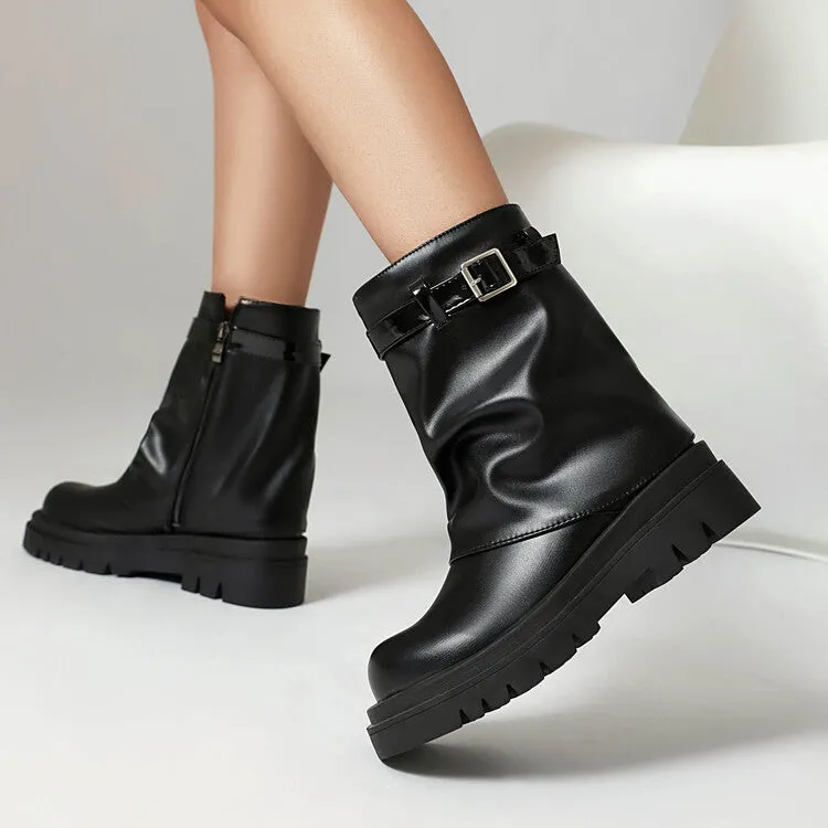 Women's Buckle Strap Round Toe Flat Mid Calf Platform Boots