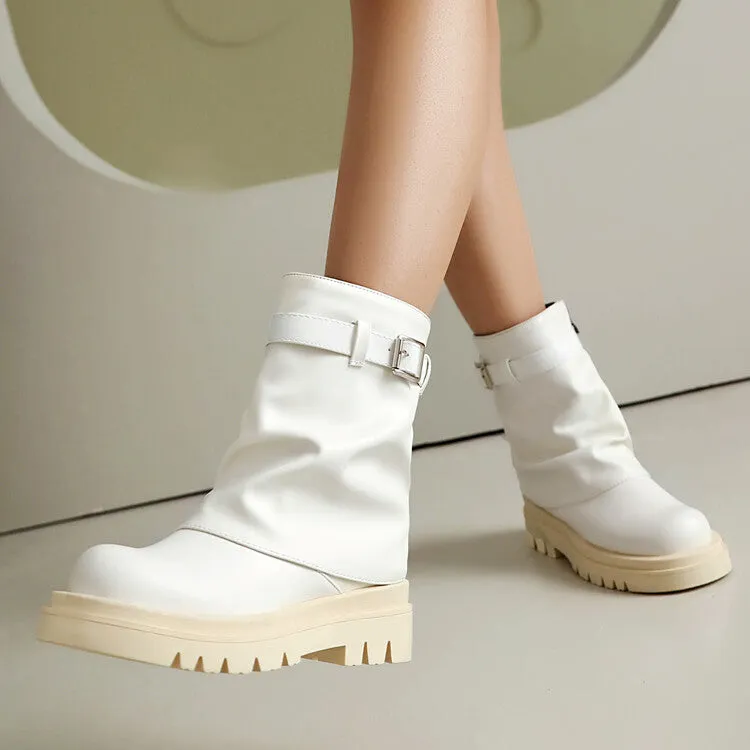 Women's Buckle Strap Round Toe Flat Mid Calf Platform Boots