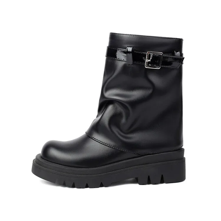 Women's Buckle Strap Round Toe Flat Mid Calf Platform Boots