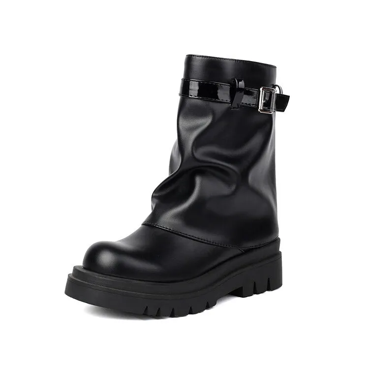 Women's Buckle Strap Round Toe Flat Mid Calf Platform Boots