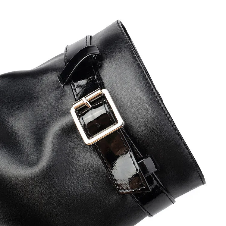 Women's Buckle Strap Round Toe Flat Mid Calf Platform Boots