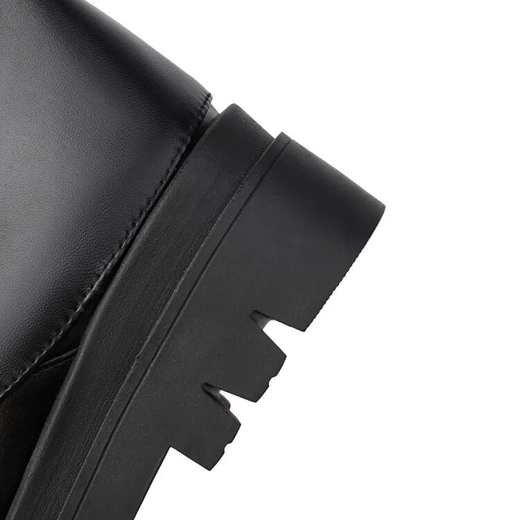 Women's Buckle Strap Round Toe Flat Mid Calf Platform Boots