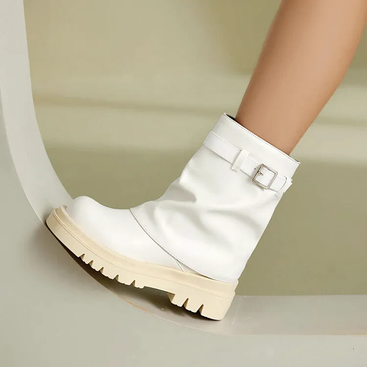 Women's Buckle Strap Round Toe Flat Mid Calf Platform Boots