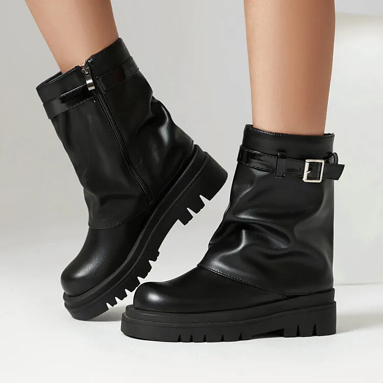 Women's Buckle Strap Round Toe Flat Mid Calf Platform Boots