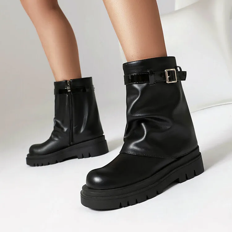 Women's Buckle Strap Round Toe Flat Mid Calf Platform Boots