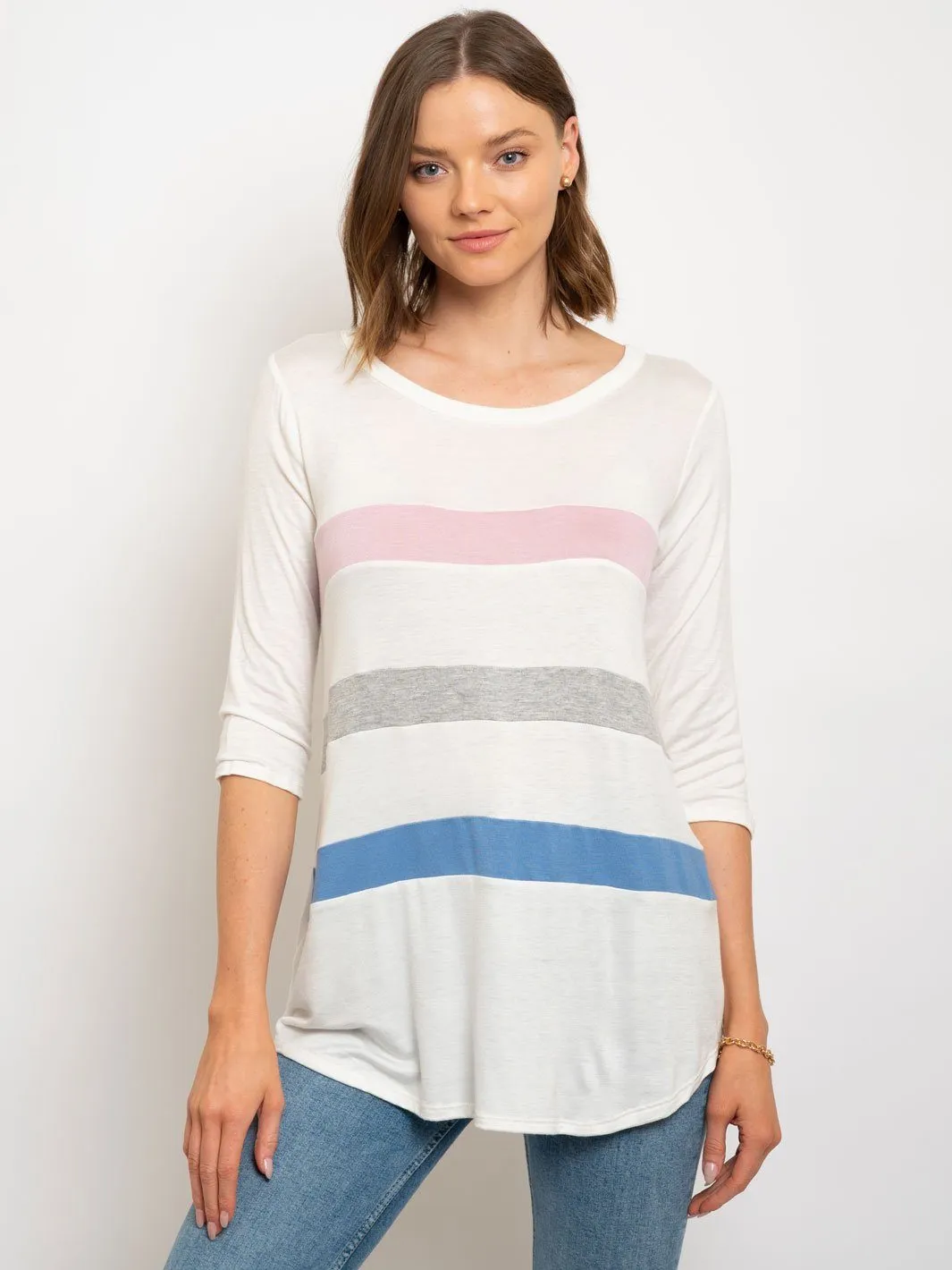WOMEN'S COLOR BLOCK FRONT YOKE ROUND NECK TOP
