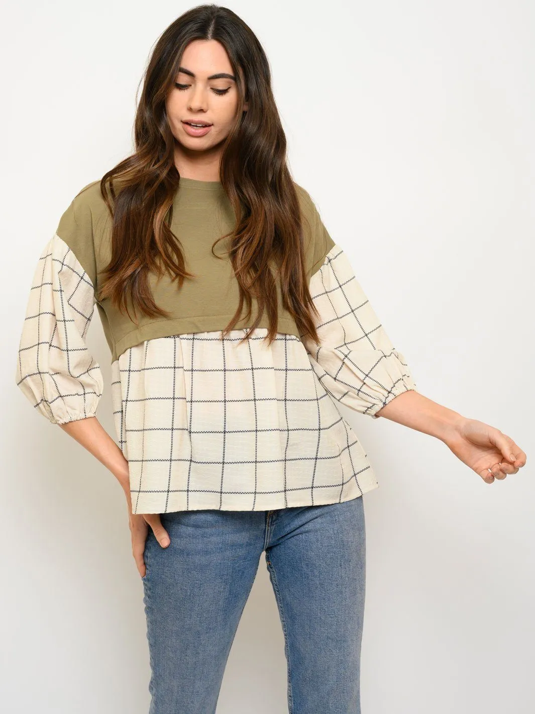 WOMEN'S CREW NECK BABYDOLL PLAID DETAIL TOP