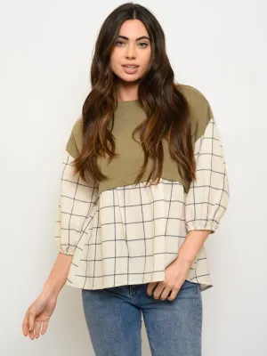 WOMEN'S CREW NECK BABYDOLL PLAID DETAIL TOP