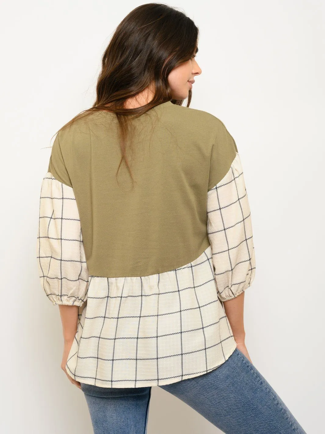 WOMEN'S CREW NECK BABYDOLL PLAID DETAIL TOP