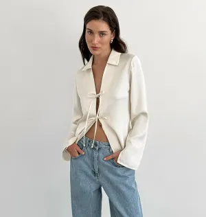 Women’s Elegant Satin Tie-Detail Long Sleeve Blouse