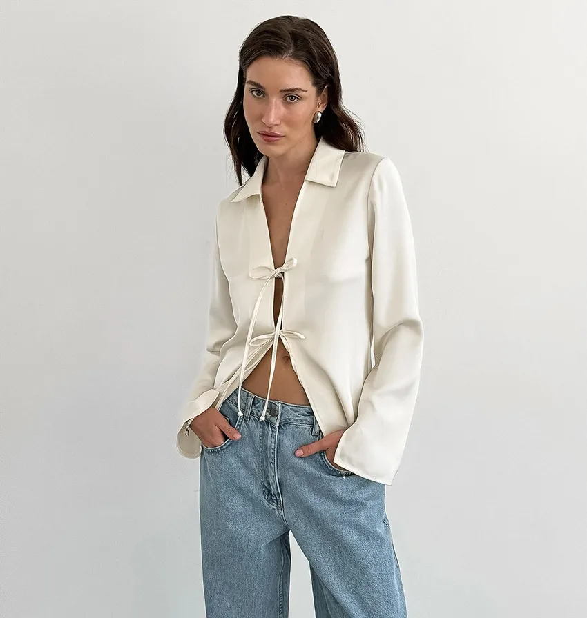 Women’s Elegant Satin Tie-Detail Long Sleeve Blouse