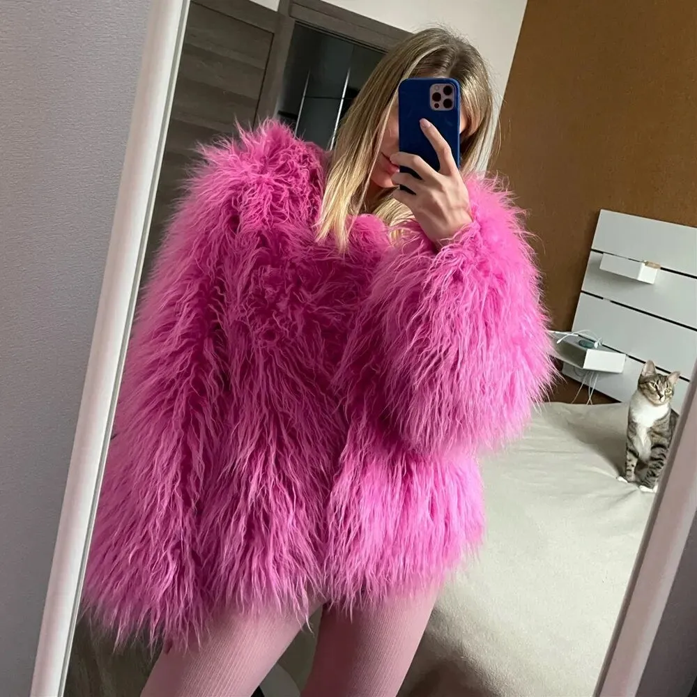 Women's Fashion Faux Fur Coat Elegant Thick Warm Vegan Fur Jackets Autumn Winter Coat