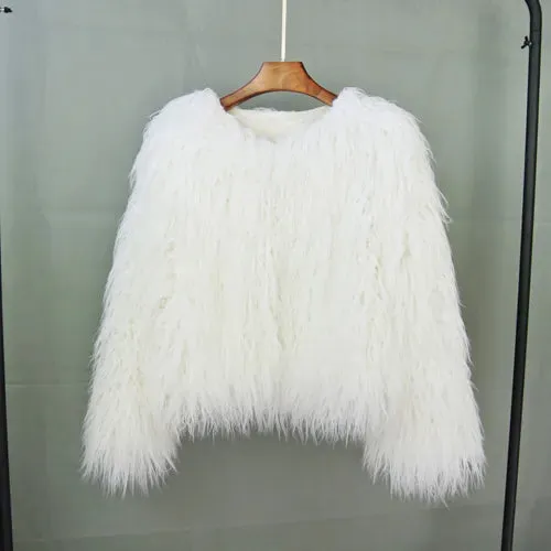 Women's Fashion Faux Fur Coat Elegant Thick Warm Vegan Fur Jackets Autumn Winter Coat