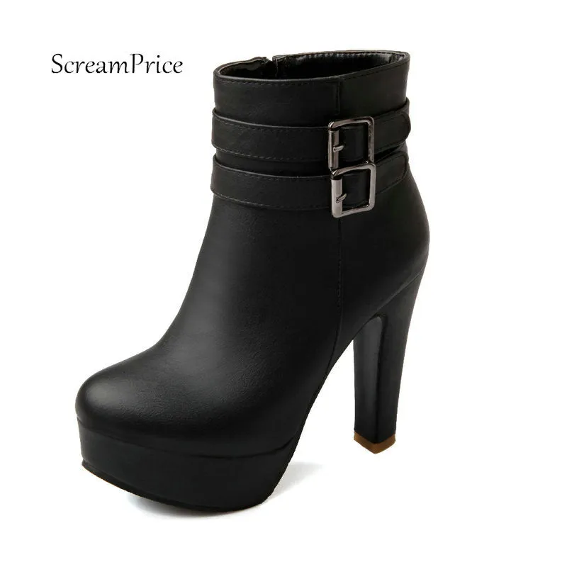 Womens Faux Leather Comfortable Ankle Boots Platform High Heel Booties for Women Fashion Buckle Winter Dress Shoes Black White