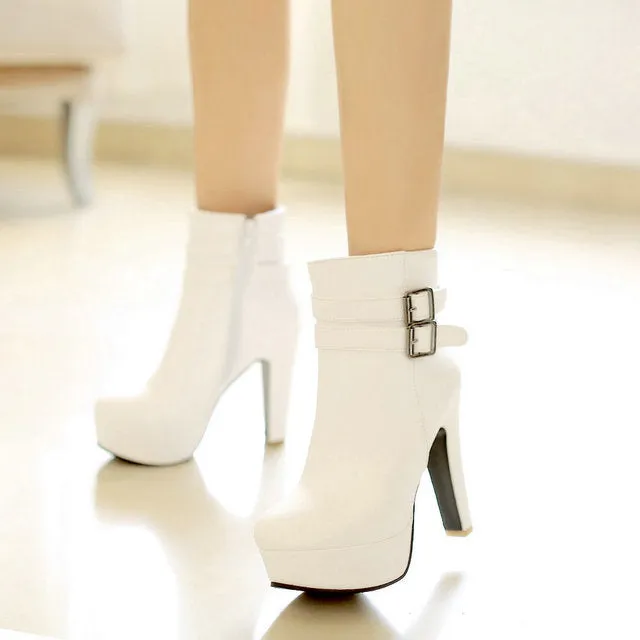 Womens Faux Leather Comfortable Ankle Boots Platform High Heel Booties for Women Fashion Buckle Winter Dress Shoes Black White