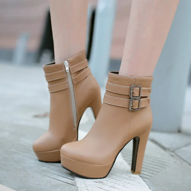 Womens Faux Leather Comfortable Ankle Boots Platform High Heel Booties for Women Fashion Buckle Winter Dress Shoes Black White