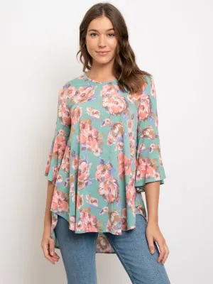 WOMEN'S FLORAL 3/4 BELL SLEEVE TUNIC TOP