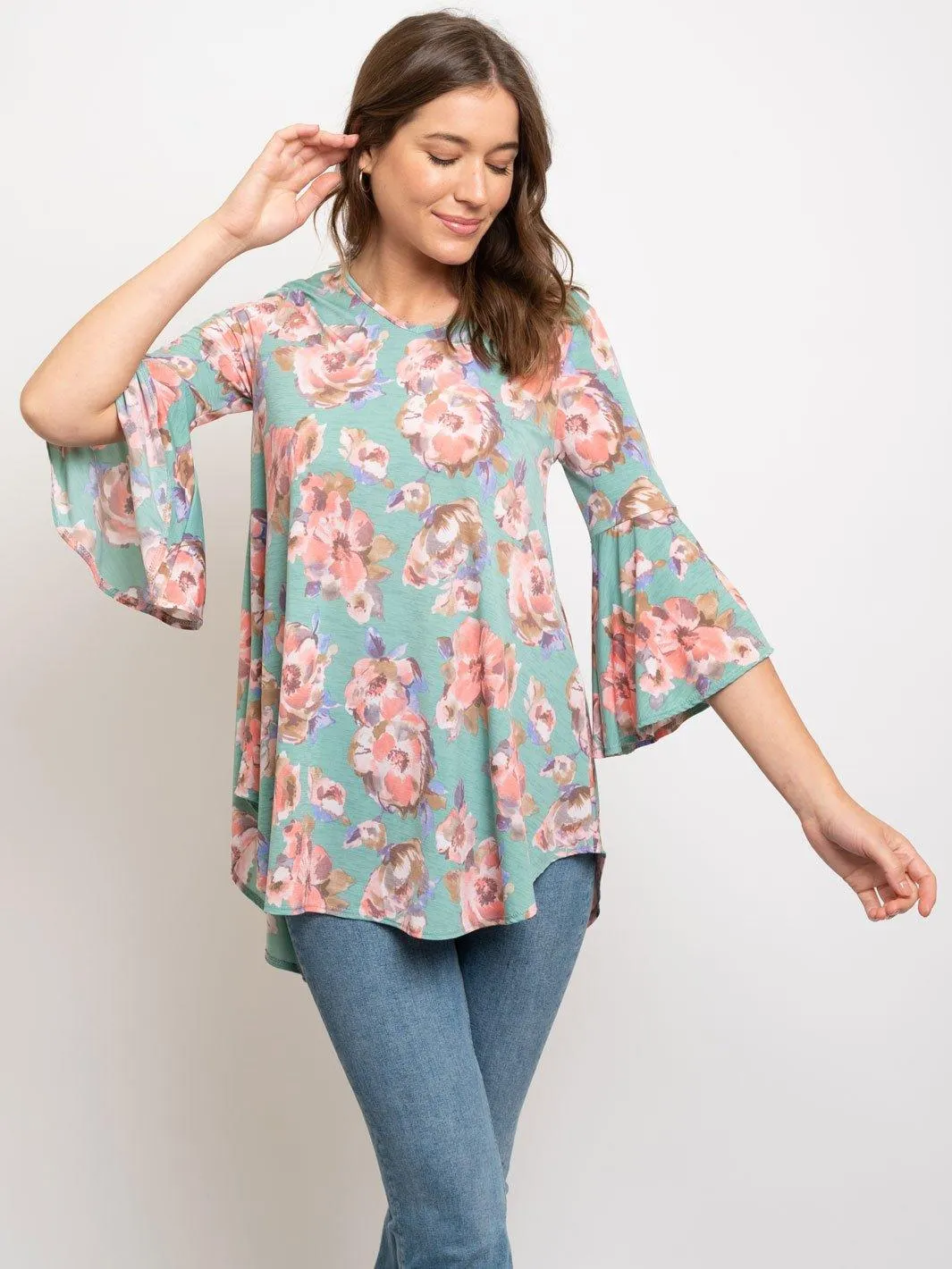 WOMEN'S FLORAL 3/4 BELL SLEEVE TUNIC TOP