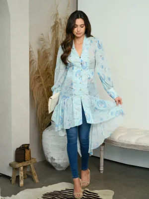 WOMEN'S FLORAL HIGH LOW BUTTON DETAIL TUNIC TOP
