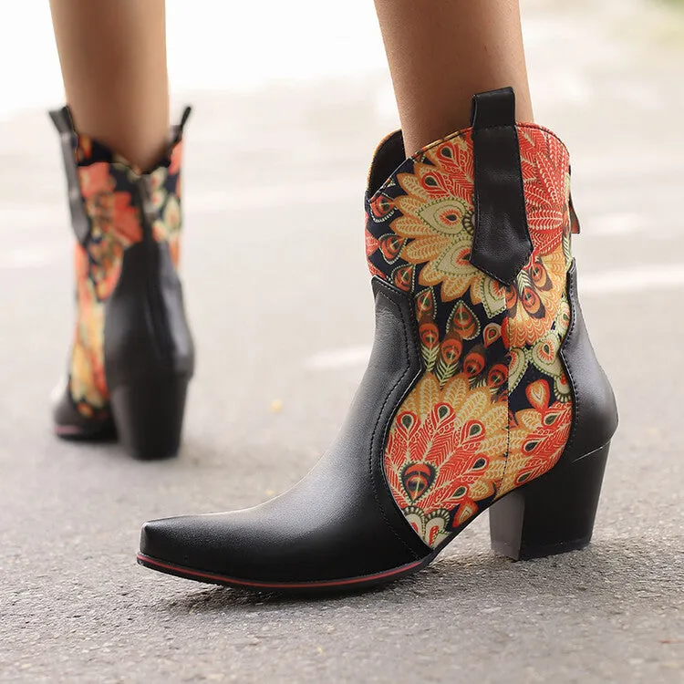 Women's Flowers Pointed Toe Block Heel Western Ankle Boots