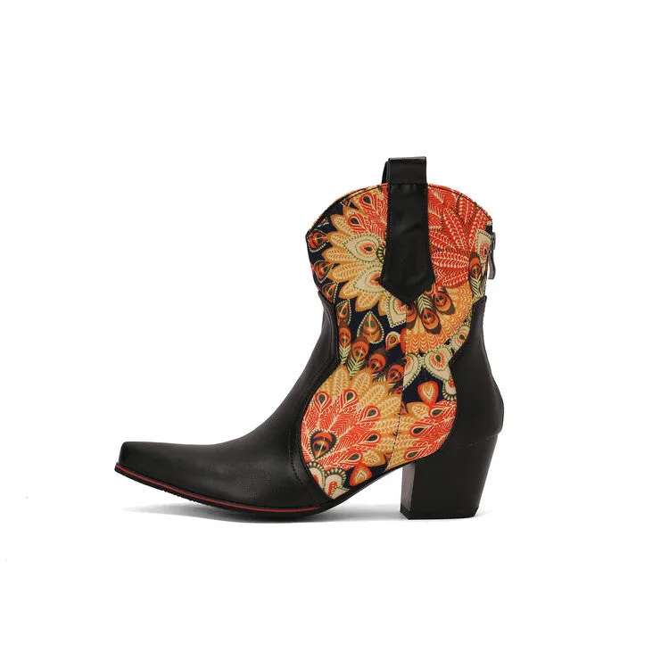 Women's Flowers Pointed Toe Block Heel Western Ankle Boots