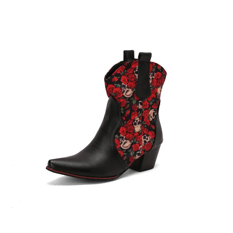 Women's Flowers Pointed Toe Block Heel Western Ankle Boots