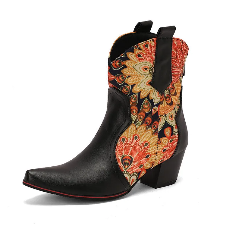 Women's Flowers Pointed Toe Block Heel Western Ankle Boots