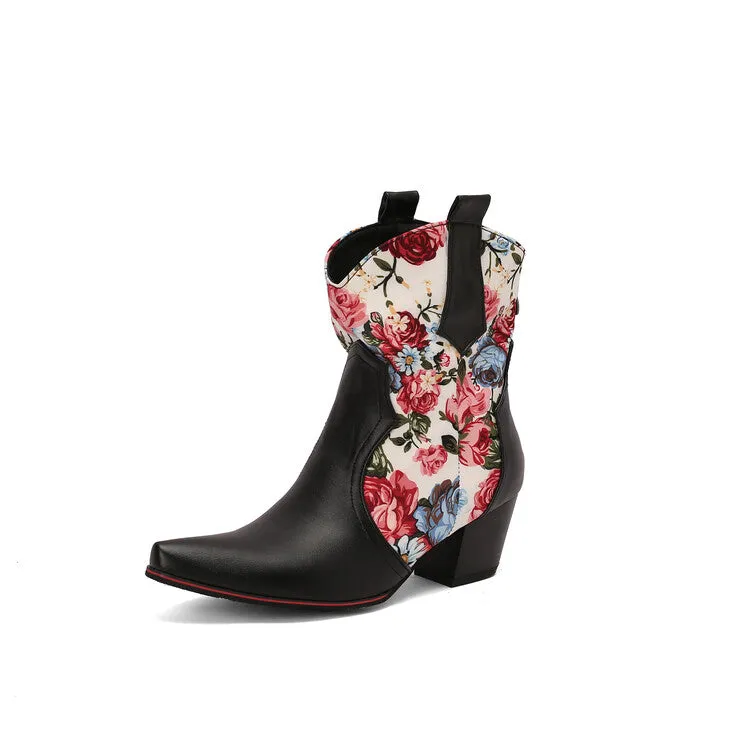 Women's Flowers Pointed Toe Block Heel Western Ankle Boots