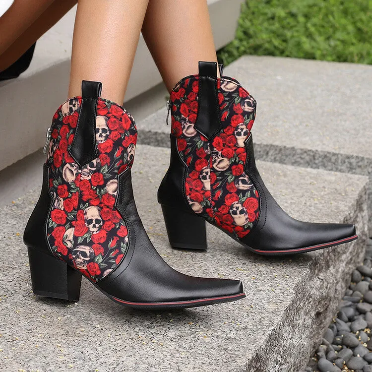 Women's Flowers Pointed Toe Block Heel Western Ankle Boots